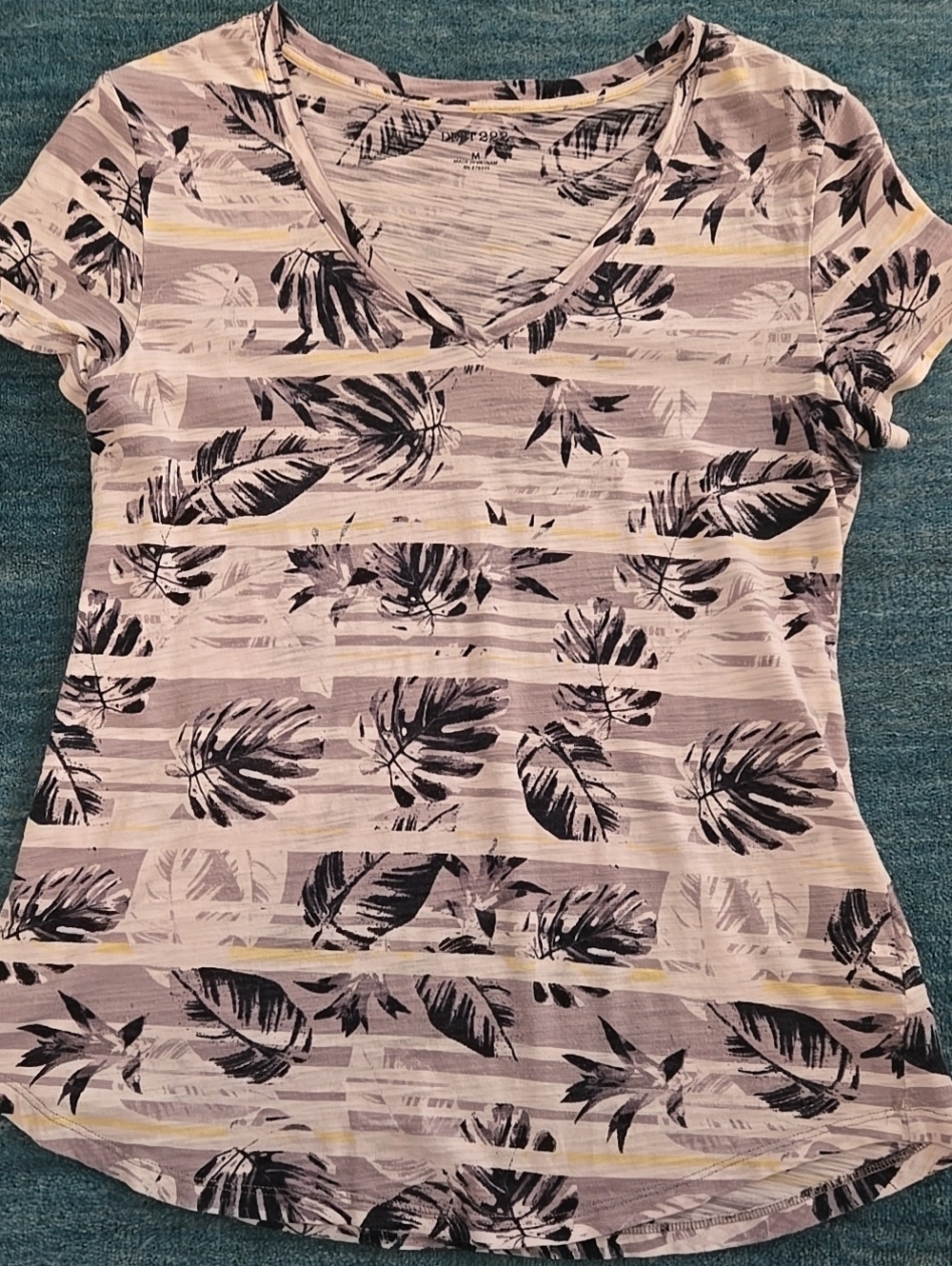 Grey-white Striped V-Neck Tee with Black Leaf Print